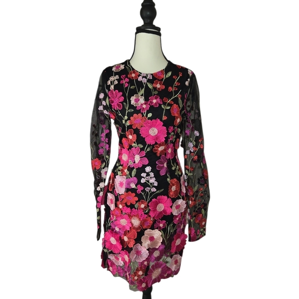 Avec Les Filles Black and Pink Floral Long Sleeve Dress - Picture 7 of 12
